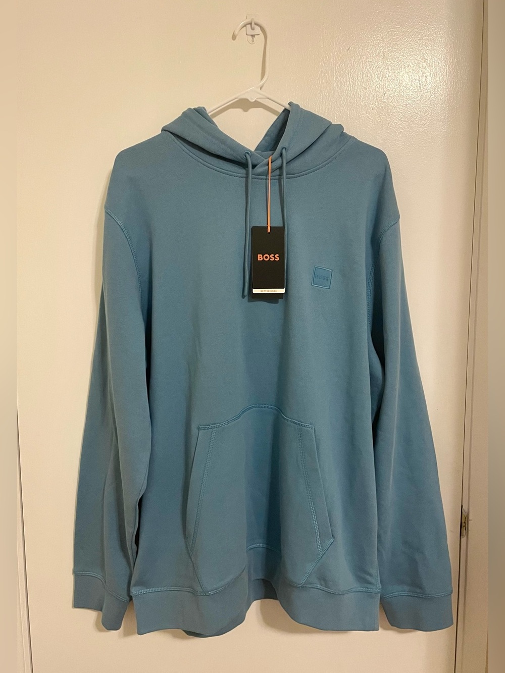 NWT BOSS Hugo Boss Logo-Patch Cotton Terry Hoodie in Blue